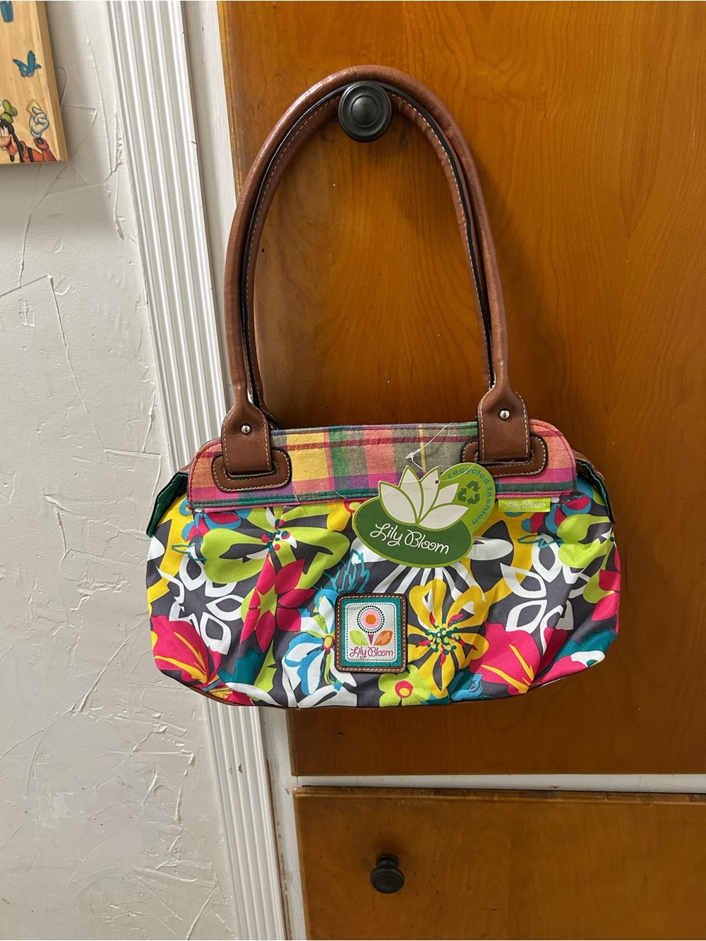 Lily Bloom Bright Floral Shoulder Bag with Brown Handles
